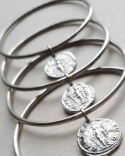 Load image into Gallery viewer, Stack of oxidized sterling silver Immortal bangles featuring ancient Roman coins.
