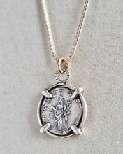 Load image into Gallery viewer, 10k gold and sterling silver necklace featuring an ancient Roman coin Equitas, goddess of equality and honour.

