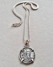 Load image into Gallery viewer, 10k gold and sterling silver necklace featuring an ancient Roman coin Felicitas, goddess of luck and prosperity.
