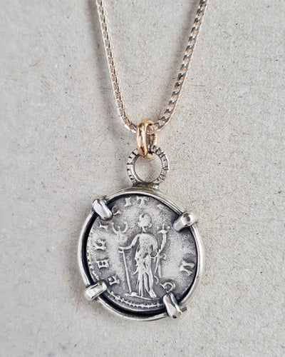 10k gold and sterling silver necklace featuring an ancient Roman coin Felicitas, goddess of luck and prosperity.