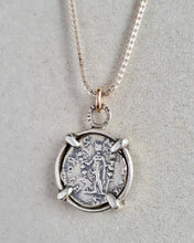 Load image into Gallery viewer, 10k gold and sterling silver necklace featuring an ancient Roman coin Fides, goddess of faith and loyalty.
