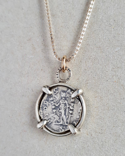 10k gold and sterling silver necklace featuring an ancient Roman coin Fides, goddess of faith and loyalty.