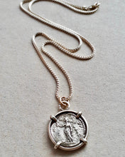 Load image into Gallery viewer, 10k gold and sterling silver necklace featuring an ancient Roman coin Pax, goddess of peace and harmony.

