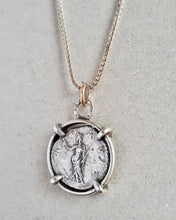 Load image into Gallery viewer, 10k gold and sterling silver necklace featuring an ancient Roman coin Pax, goddess of peace and harmony.
