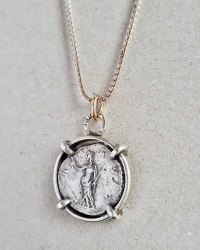 10k gold and sterling silver necklace featuring an ancient Roman coin Pax, goddess of peace and harmony.