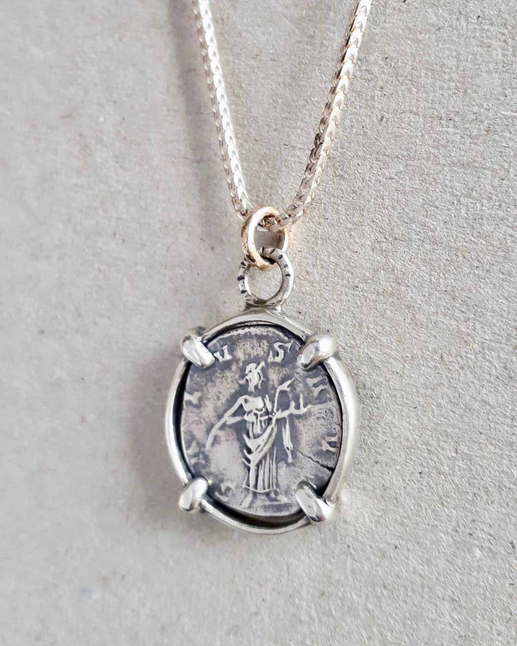 10k gold and sterling silver necklace featuring an ancient Roman coin Salus, goddess of health and safety.