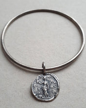 Load image into Gallery viewer, Oxidized sterling silver bangle featuring an ancient Roman coin Pax, the goddess of peace and harmony.
