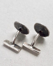 Load image into Gallery viewer, Back view of oxidized sterling silver cufflinks featuring the ancient Roman coins Equitas, the goddess of equality and honour.

