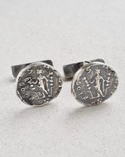 Load image into Gallery viewer, Oxidized sterling silver cufflinks featuring the ancient Roman coins Fides, goddess of faith and loyalty.
