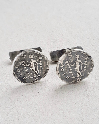 Oxidized sterling silver cufflinks featuring the ancient Roman coins Fides, goddess of faith and loyalty.