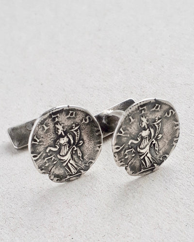Oxidized sterling silver cufflinks featuring the ancient Roman coins Equitas, the goddess of equality and honour.