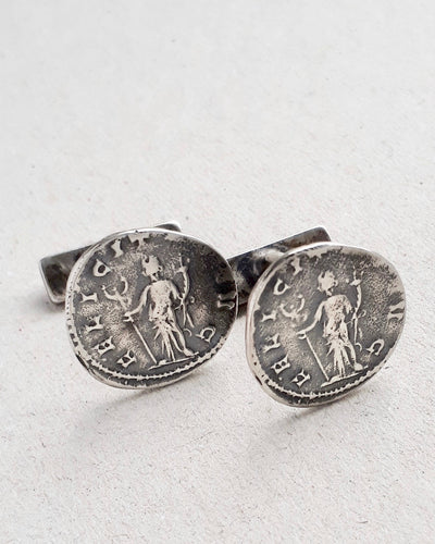 Oxidized sterling silver cufflinks featuring the ancient Roman coins Felicitas, goddess of luck and prosperity.